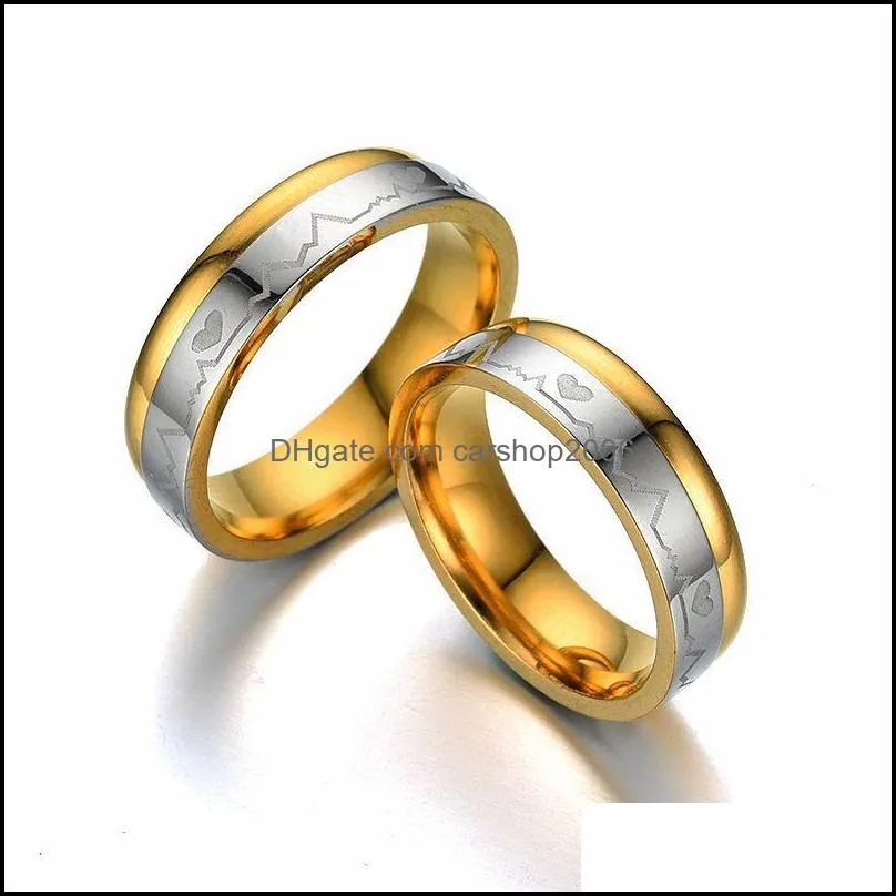 ecg love heartbeat ring band stainless steel contrast color gold rings couple for women men fashion jewelry gift