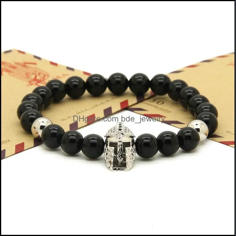 wholesale 10pcs/lot 8mm black onyx stone beads with micro paved black zircons spartan masks helmet charms bracelets