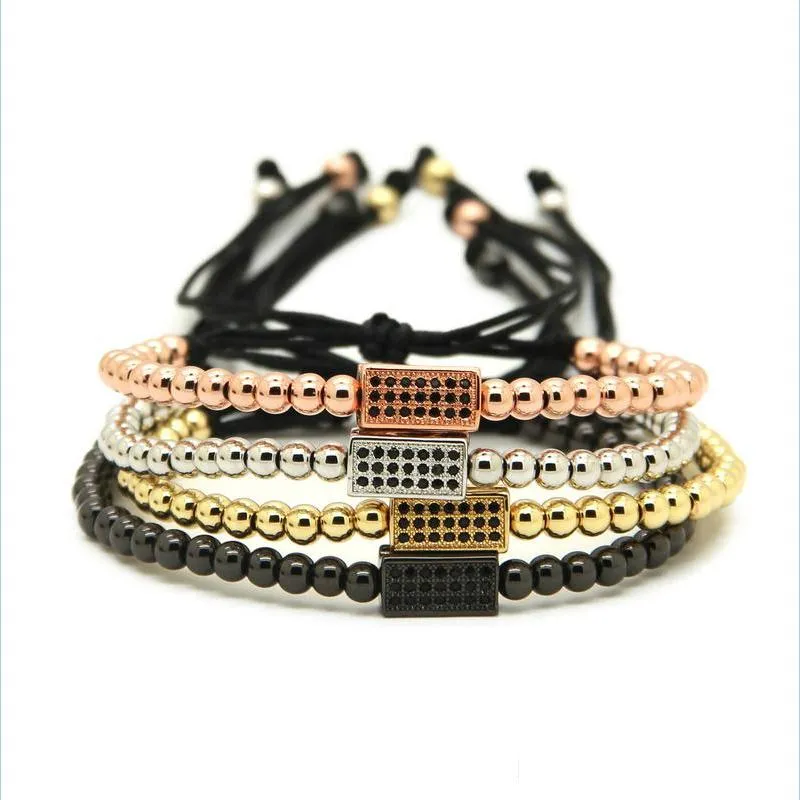 wholesale 10pcs/lot 4mm gold rose gold platinum black round beads with rectangle black cz beads braiding macrame bracelet