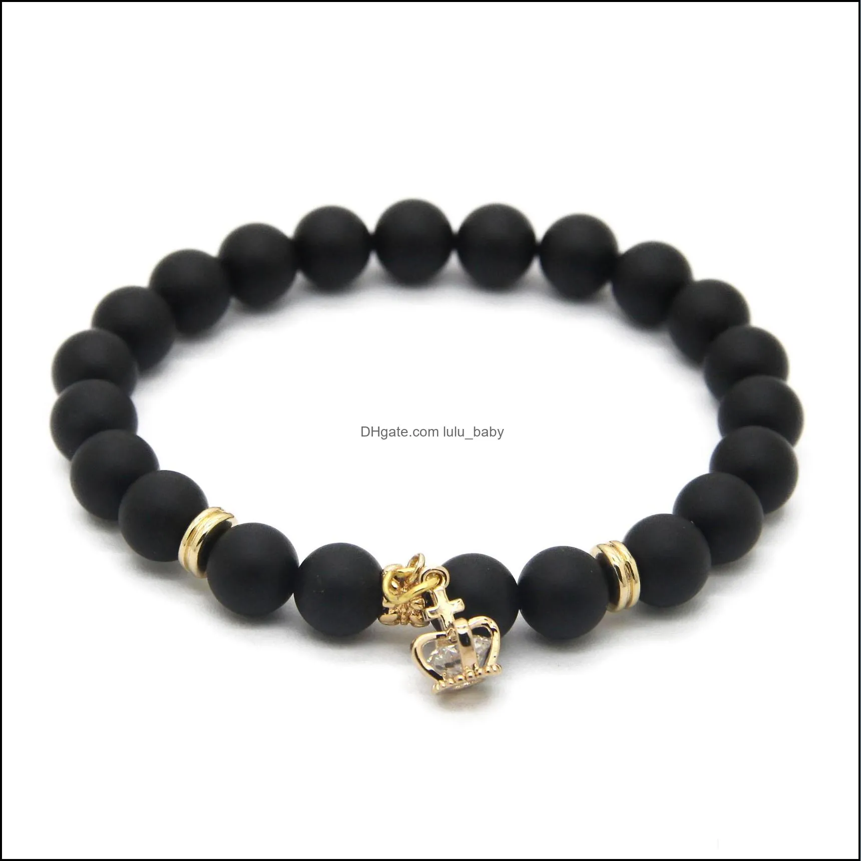 wholesale 10ps/lot 8mm a grade black matte agate stone real gold plated crown cz beads charm bracelets party gift