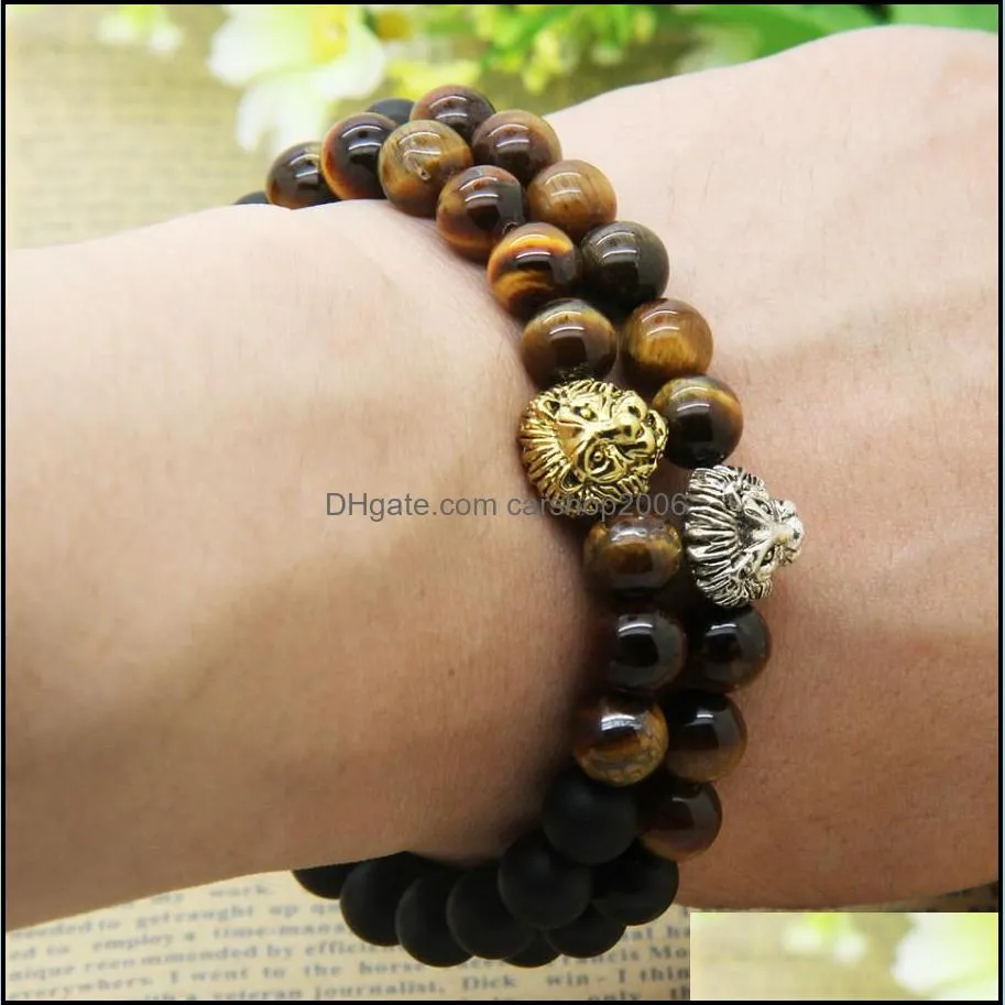  design mens bracelets wholesale 8mm natural tiger eye and matte agate stone beads gold  head bracelets party gift