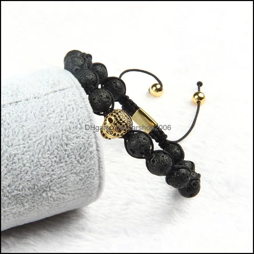 ailatu jewelry wholesale 10pcs/lot 8mm natural lava stone with micro pave black cz heart skull macrame bracelet for cool men
