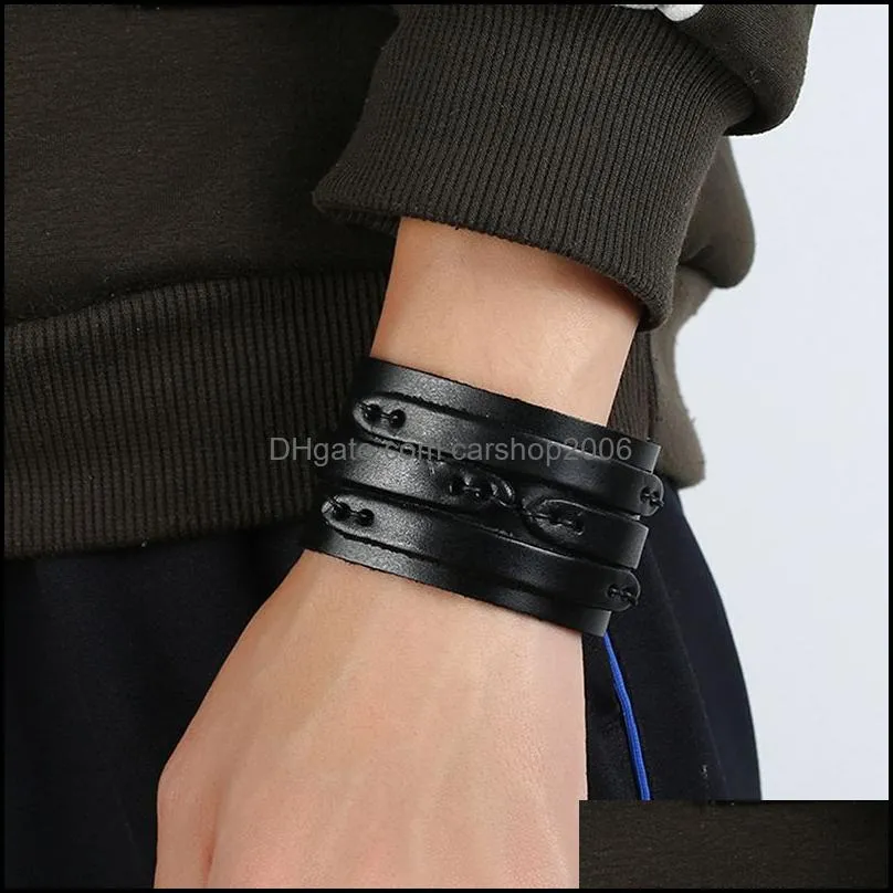 motorcycle wide weave leather bangle cuff multilayer wrap button adjustable bracelet wristand for men women fashion jewelry