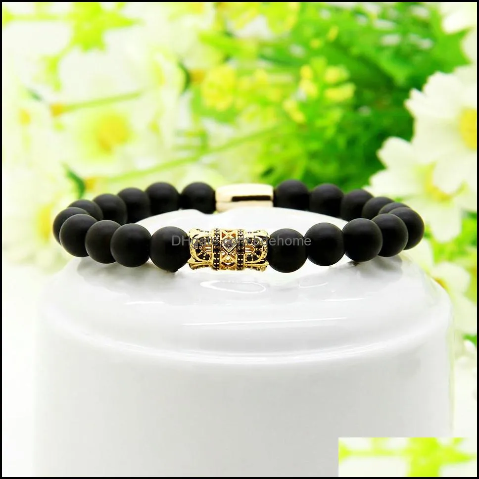 powerful men gold jewelry wholesale 8mm black matte agate stone beaded with exquisite micro inlay zircon charm bracelet