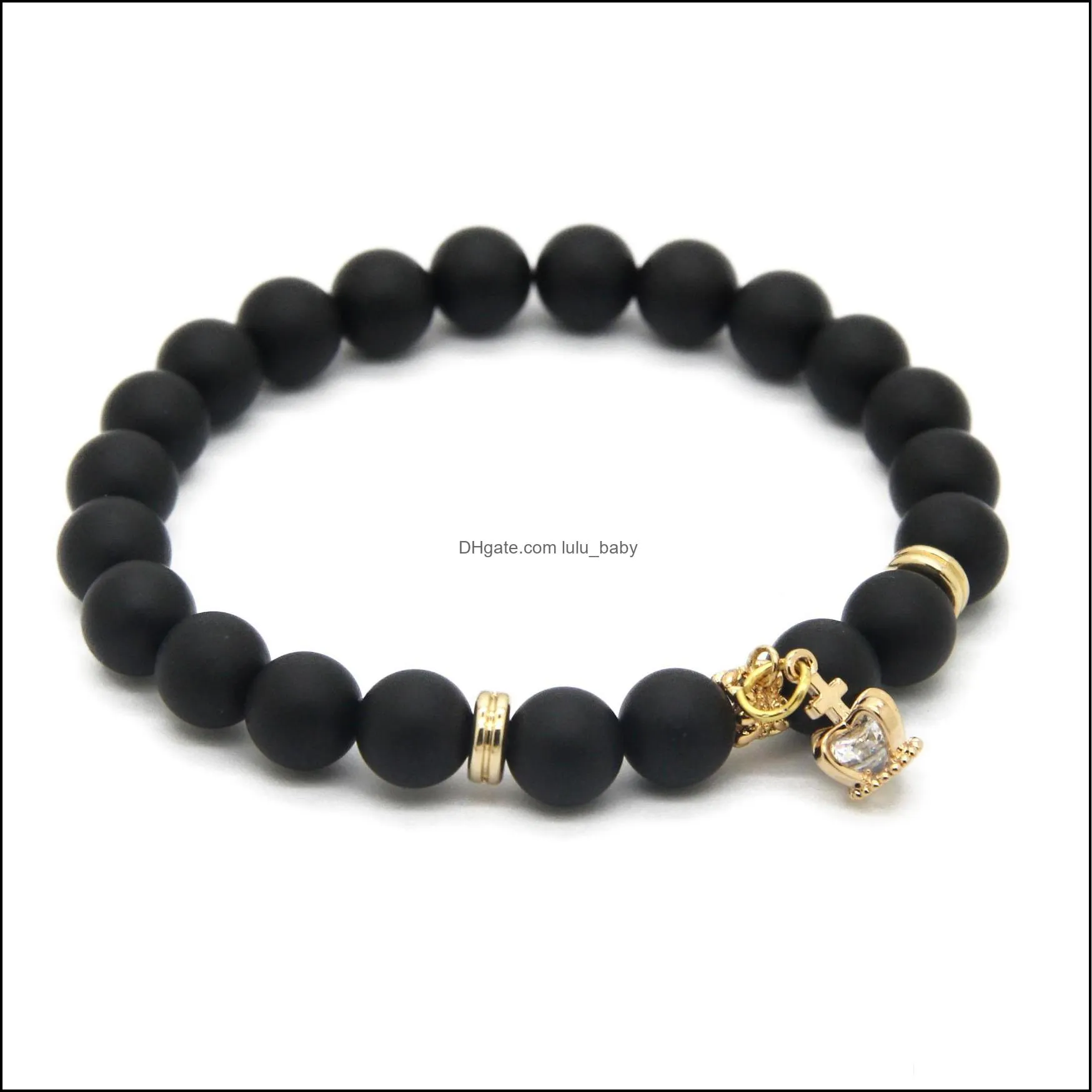 wholesale 10ps/lot 8mm a grade black matte agate stone real gold plated crown cz beads charm bracelets party gift