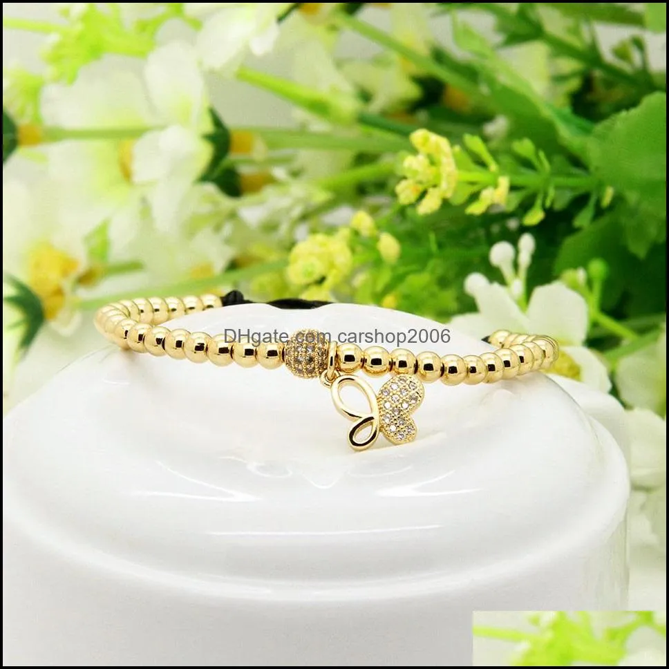  10pcs/lot wholesale 6mm real gold beads clear cz butterfly bracelet fine girl women charms jewelry