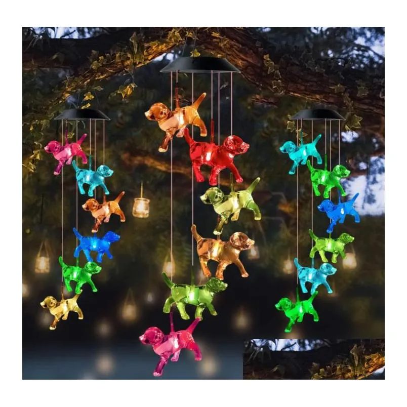 crystal dog string light up solar wind chimes novelty items flash color changing home party garden decor glowing cartoon animal