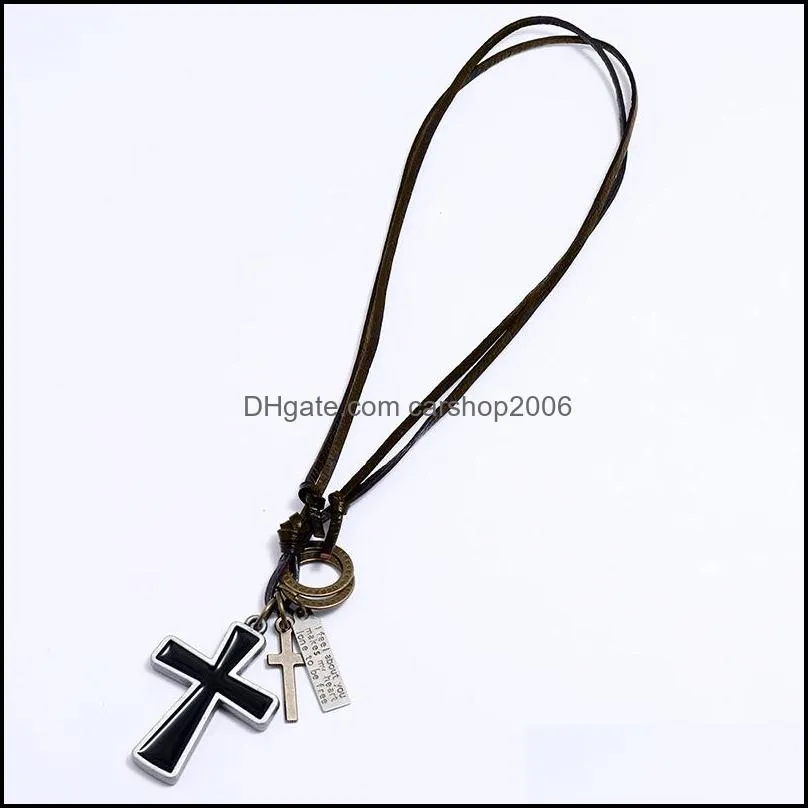 letter id enamel jesus cross necklace adjustable leather chain pendant necklaces for women men punk fashion jewelry gift