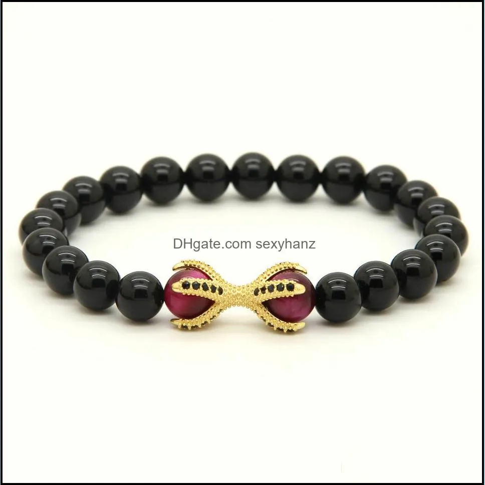 1pcs natural stone with rose tiger eye beads micro inlay black cz beads  claw beaded bracelets