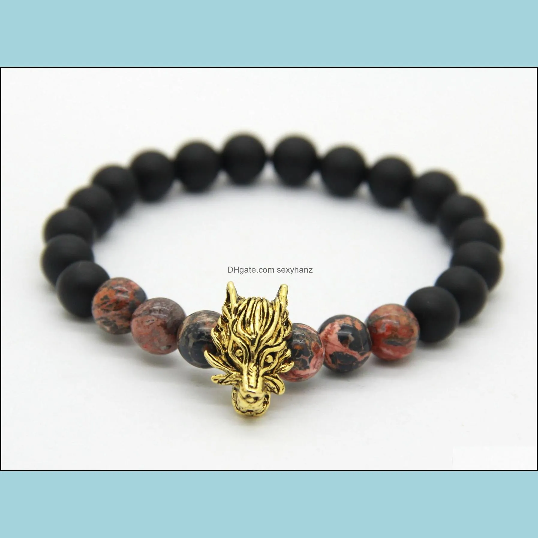  arrival beaded mens stretch bracelets wholesale matte agate blue sea sediment stone gold and silver wolf bracelets mens gift