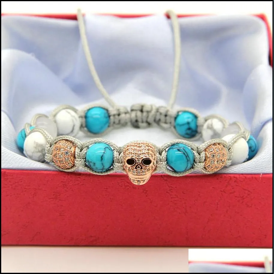 wholesale 10pcs/lot 8mm white howlite & turquoise stone clear cz heart skull braided european american macrame mens bracelets