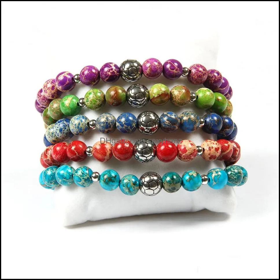  stainless steel soccer bracelets wholesale 10pcs/lot 8mm multicolor sea sediment stone beads with football bracelet for gift