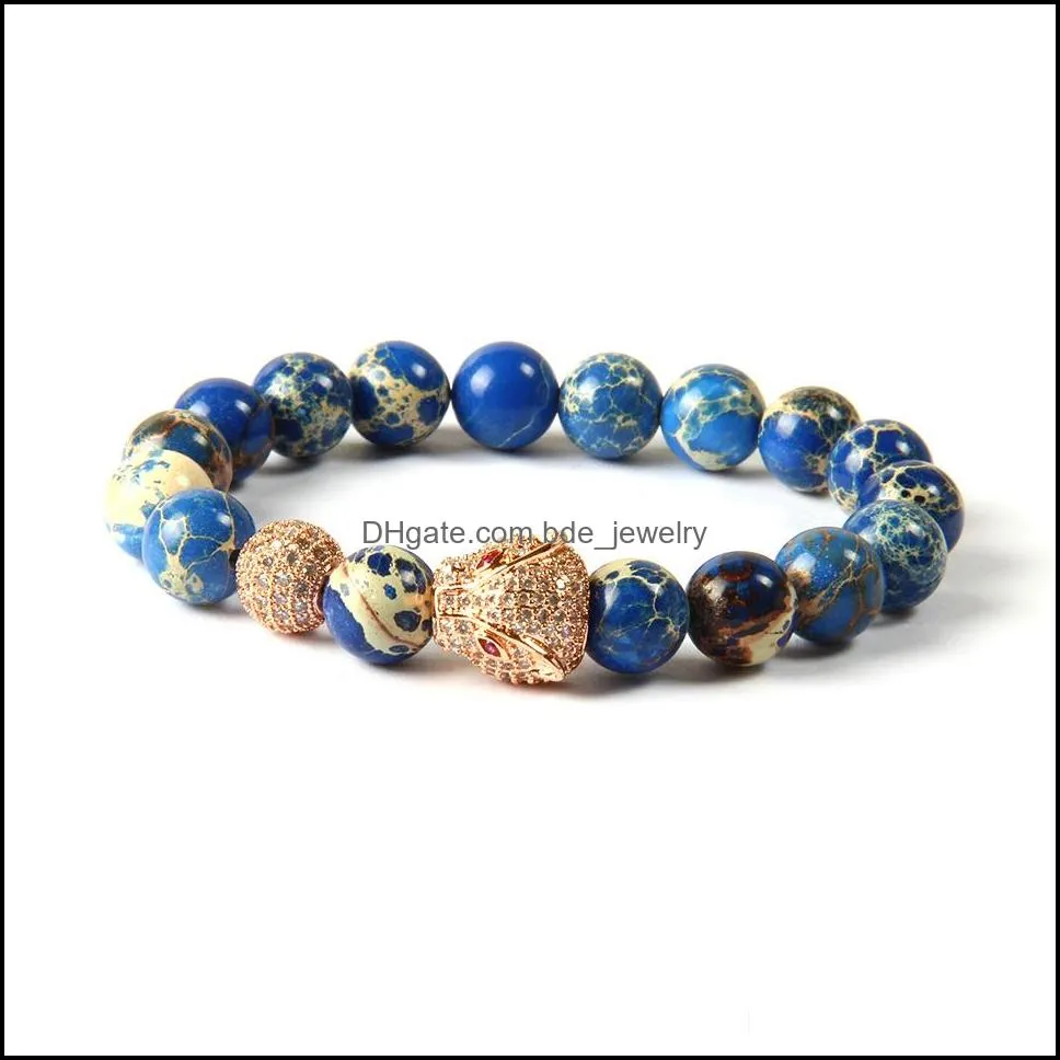 animal jewelry wholesale 10pcs/lot 10mm blue sea sediment stone beads with micro pave cz big leopard bracelets for mens gift