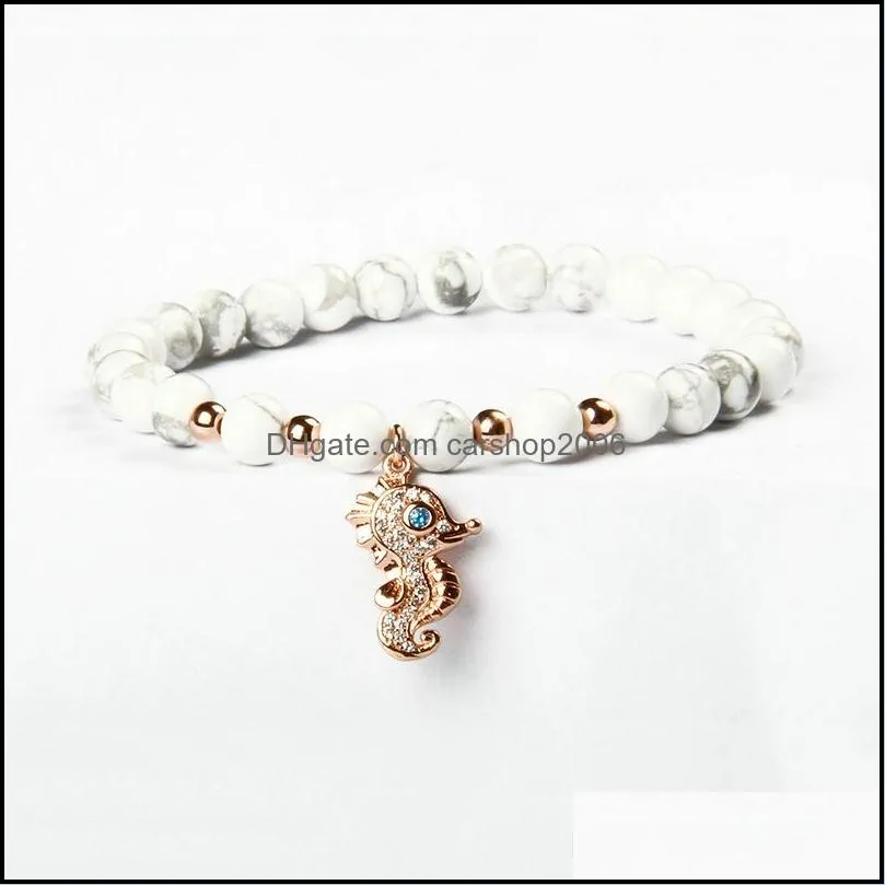 wholesale ocean jewelry clear cz sea horse charm with 6mm natural white howlite marble stone beads animal bracelet 