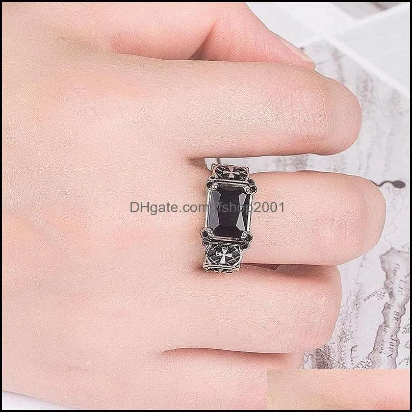 ancient silver jesus cross black agate ring band finger retro open adjustable diamond rings men fashion jewelry