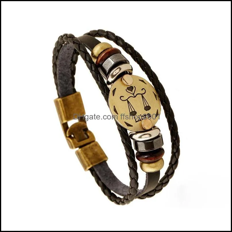 12 constell leather bracelet bronze coin charm horscope sign multilayer wrap bracelets wommen mens bangle cuff fashion