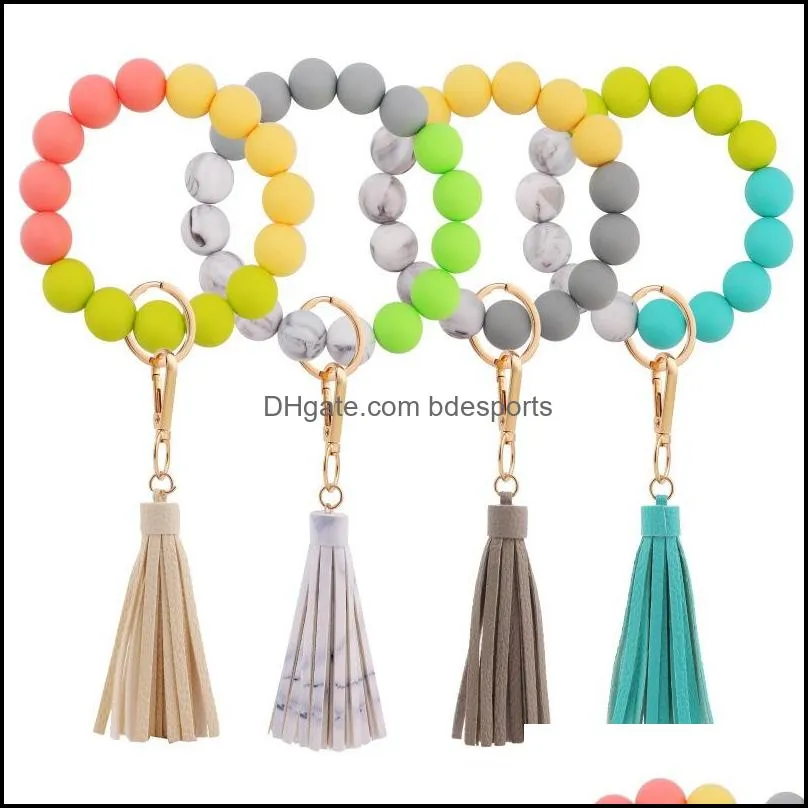 silicone bead bracelet with tassel keychains beaded bangle keychain wristlet key ring 9 colors leather tassel wristlet bracelet