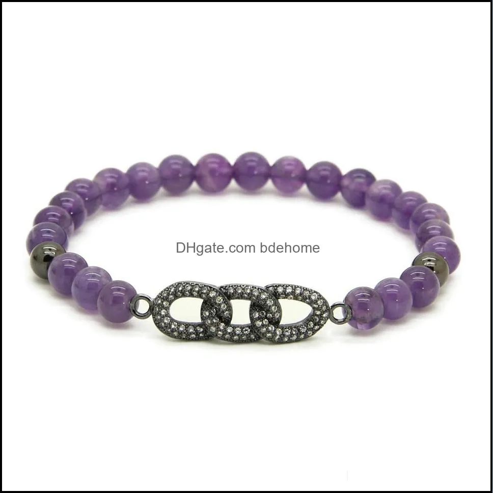 wholesale new mens jewelry wholesale 6mm natural amethyst stone beads micro pave zircon cz beads chain beaded bracelets