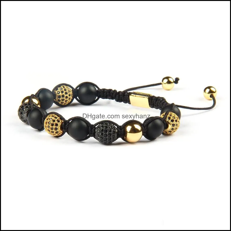 jewelry men wholesale 10pcs/lot 8mm natural matte agate stone beads with micro pave black cz ball macrame bracelet