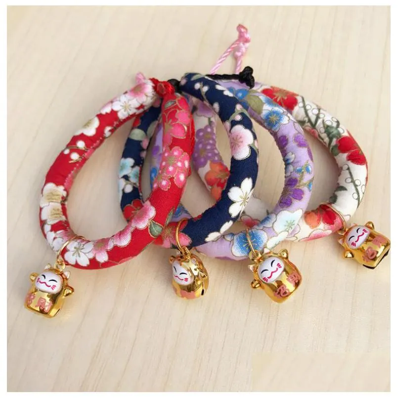 pet dogs cats collars japanese style with maneki feng shui fortune lucky cat figurine bells for kitten puppy cloth collar adjustable xs s m l