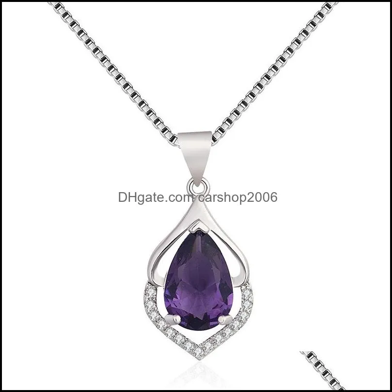 crystal purple water drop necklace diamond pendant women necklaces silver chain fashion jewelry gift