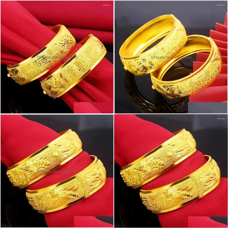 bangle 18k gold plated ladies bracelet wide retro style dragon and phoenix for girlfriend birthday wedding jewelry gift