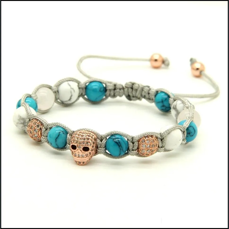 wholesale 10pcs/lot 8mm white howlite & turquoise stone clear cz heart skull braided european american macrame mens bracelets