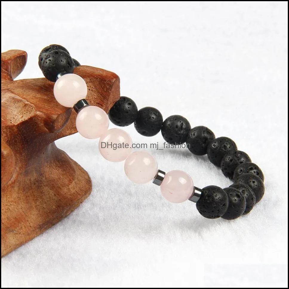  jewelry black lava energy stone beads with pink crystal bracelets wholesale for mens and womens gift