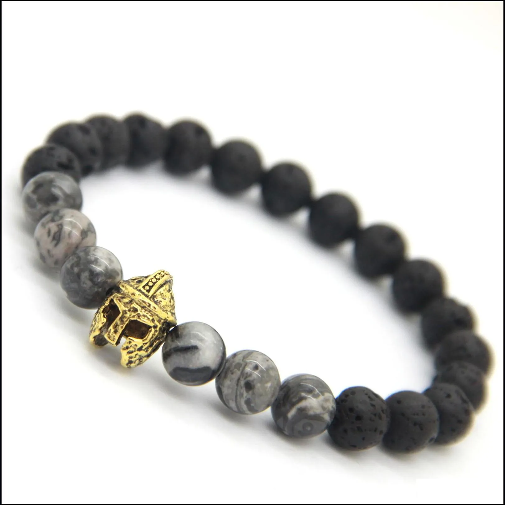 new design 8mm lava stone & grey veined picture jasper stone with roman warrior helmet bracelet spartan jewelry for mens gift