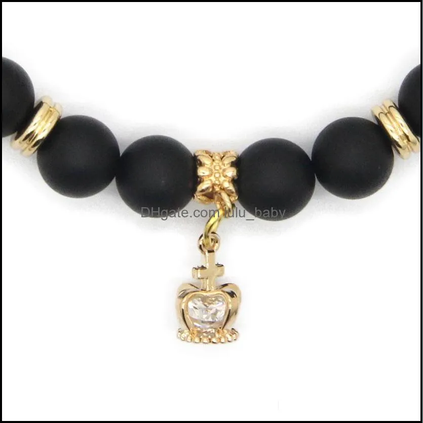 wholesale 10ps/lot 8mm a grade black matte agate stone real gold plated crown cz beads charm bracelets party gift