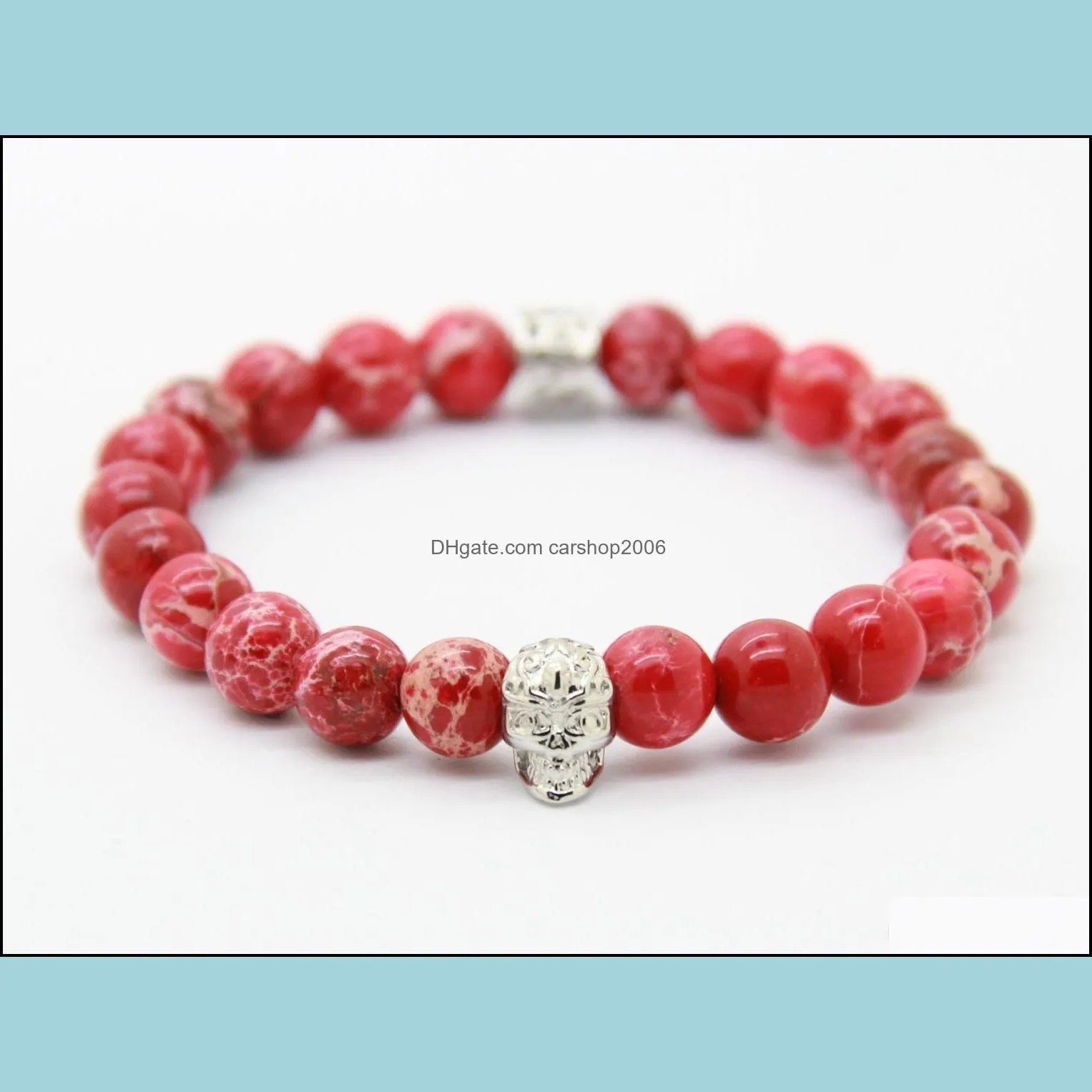wholesale 8mm red sea sediment imperial stone beads real gold plated platinum skull bracelet exquisite party gifts