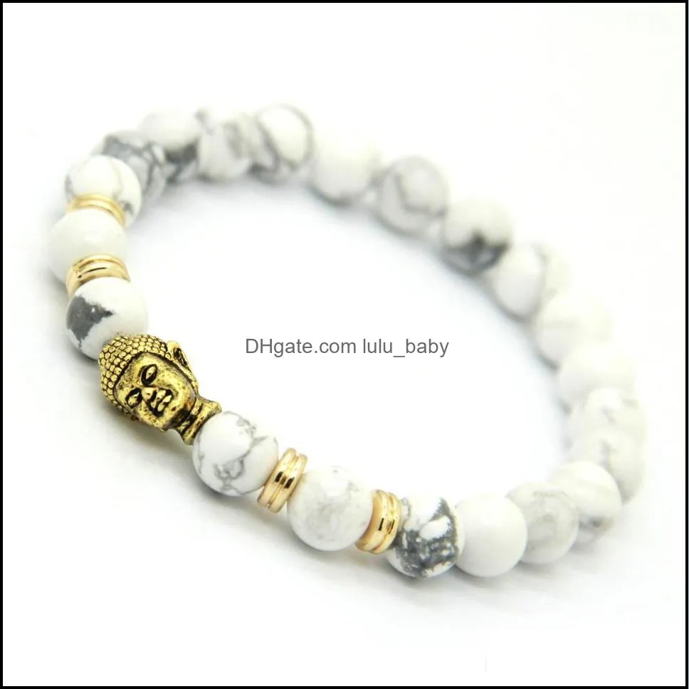 wholesale design mens jewelry 8mm natural white howlite stone beads antique bronze and gold color buddha yoga bracelets