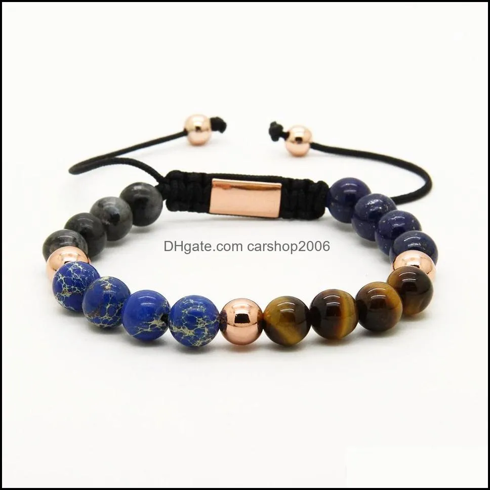  jewelry wholesale 10pcs/lot 8mm blue sea sediment stone beads with a grade tiger eye stone energy macrame bracelets