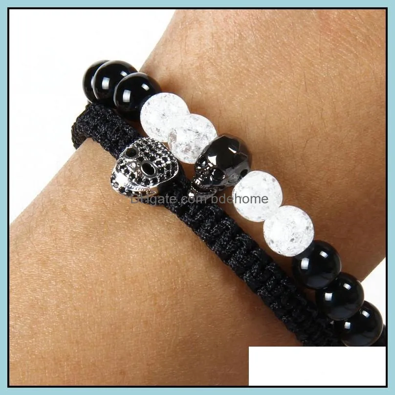 new jewelry wholesale 10pcs/lot micro pave black cz heart skull braiding macrame bracelet gift for men