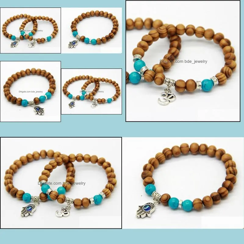  products wholesale quality 8mm beaded wood beads fatima hand hamsa bracelets om yoga jewelry