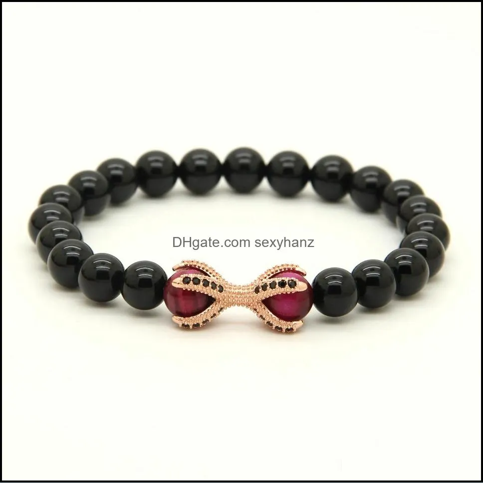 1pcs natural stone with rose tiger eye beads micro inlay black cz beads  claw beaded bracelets
