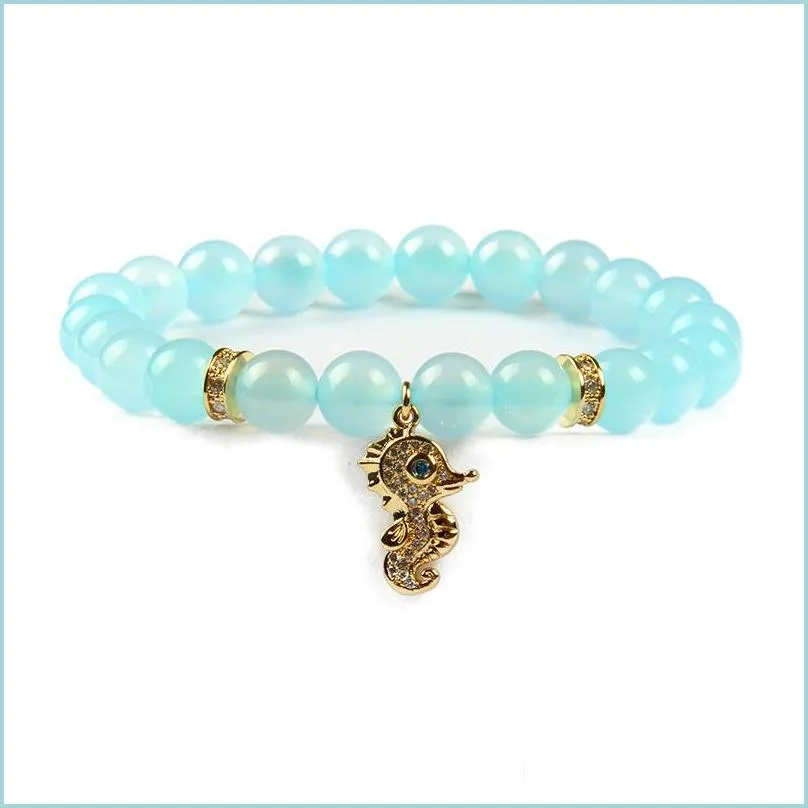 wholesale ocean jewelry clear cz spacer sea horse charm with 8mm natural blue agate stone beads beaded bracelet 