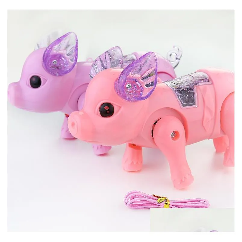 electric walking singing musical light up pig toy with leash kids led flash pet boys girls party favors without battery