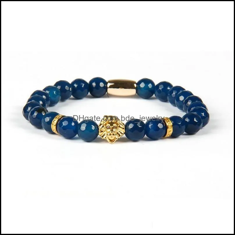 top quality jewelry wholesale 8mm faceted blue and black agate stone beads with pvd plated  head bracelets for men