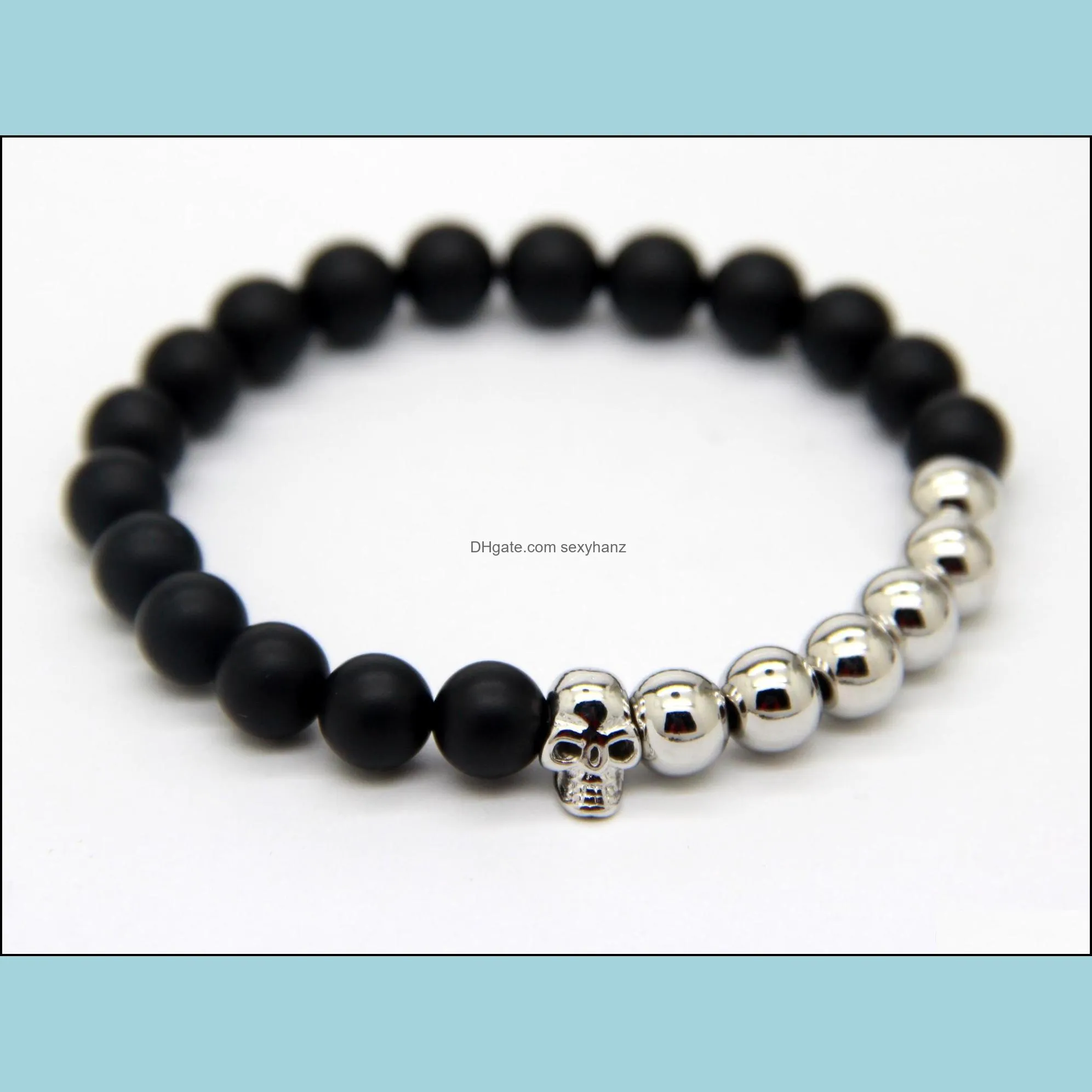 2015 design wholesale beaded silver bronze skull bracelest with natural matte agate stone beads jewelry