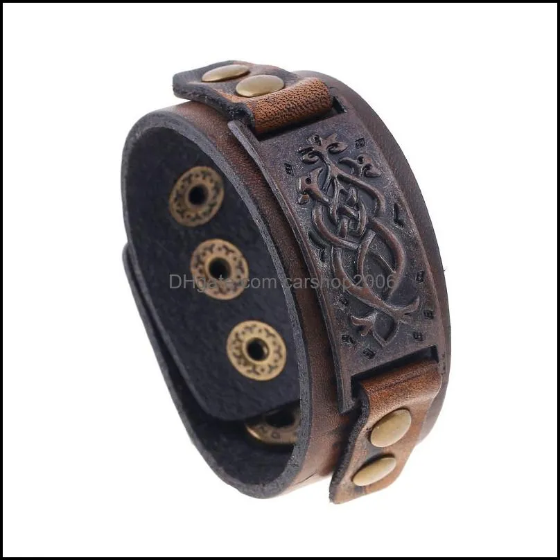 retro floral branch bar id leather bangle cuff button adjustable bracelet wristand for men women fashion jewelry