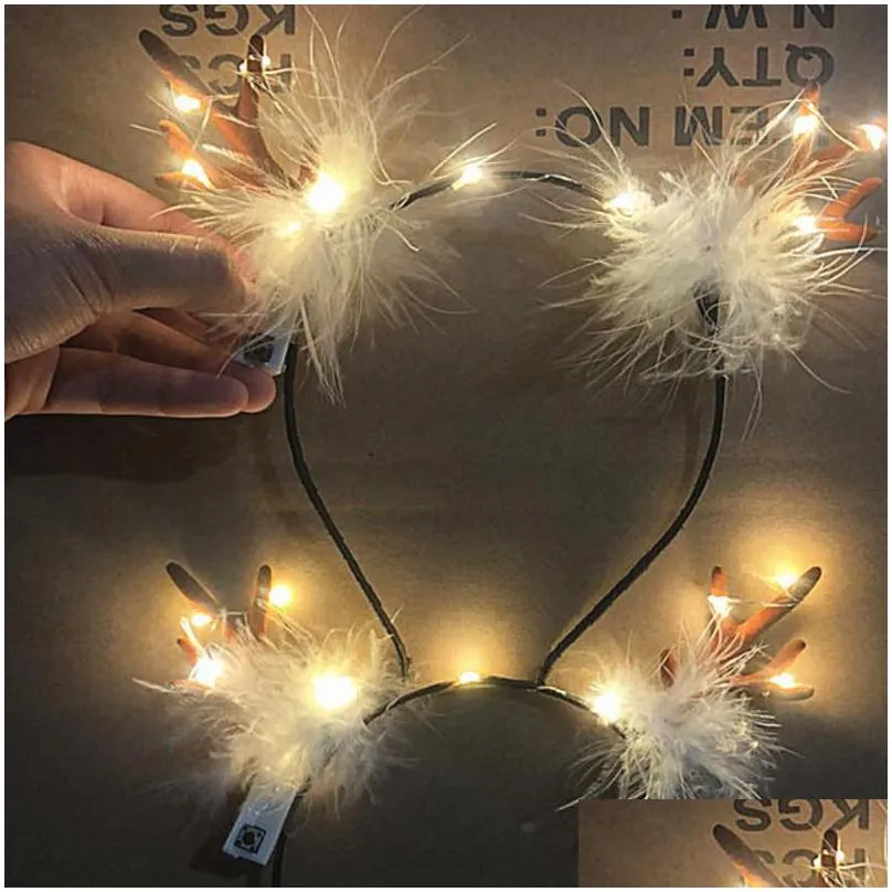 led fluffy feather antlers headband christmas glowing light up flashing deer ears hairband costume fancy cosplay party decor with