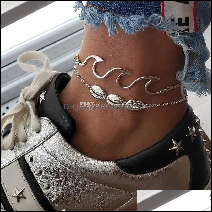 shell wave anklets foot chain multilayer silver anklet bracelet beach jewelry for women