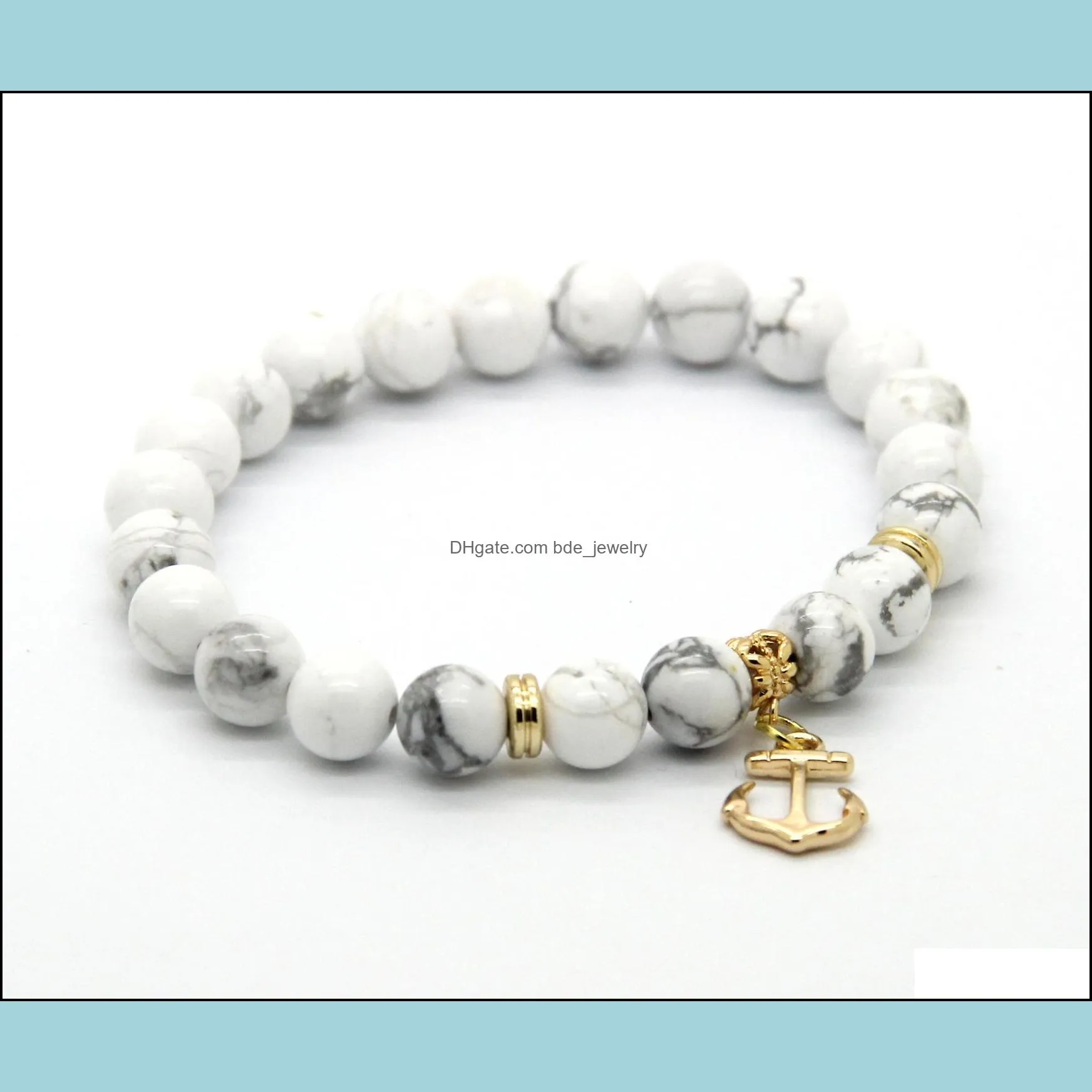wholesale 10ps/lot 8mm white howlite stone beads with anchor charm lucky bracelets for gift