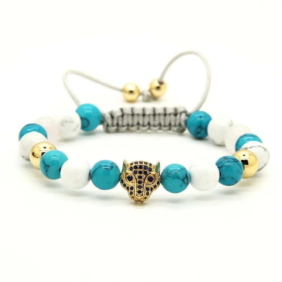 wholesale 10pcs/lot 8mm turquoise howlite stone blue cz leopard head braided european american style weaved womens bracelets