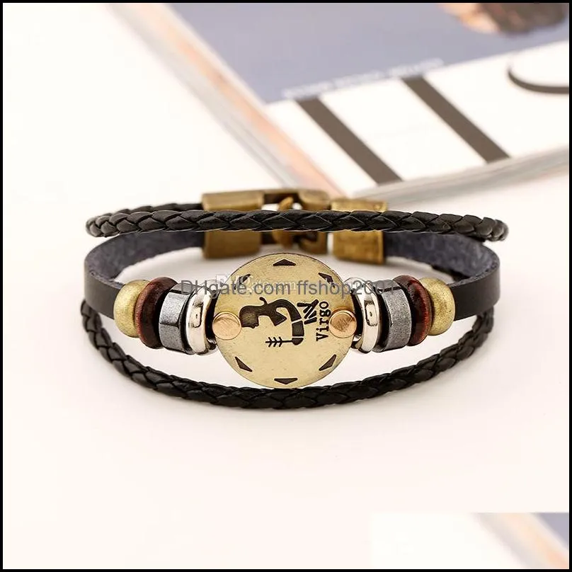 12 constell leather bracelet bronze coin charm horscope sign multilayer wrap bracelets wommen mens bangle cuff fashion