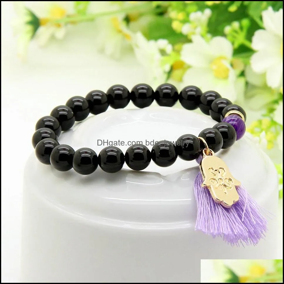  design wholesale 10pcs/lot 8mm black onyx stone besds blue and purple tassel hamsa fatima hand couple bracelet