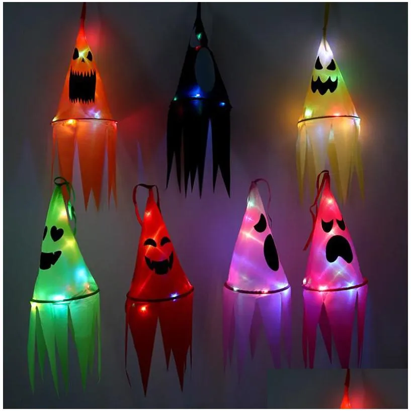 halloween light up hanging ghosts party decoration witch hat multicolored led flashing glowing windsock for yard tree garden party indoor outdoor