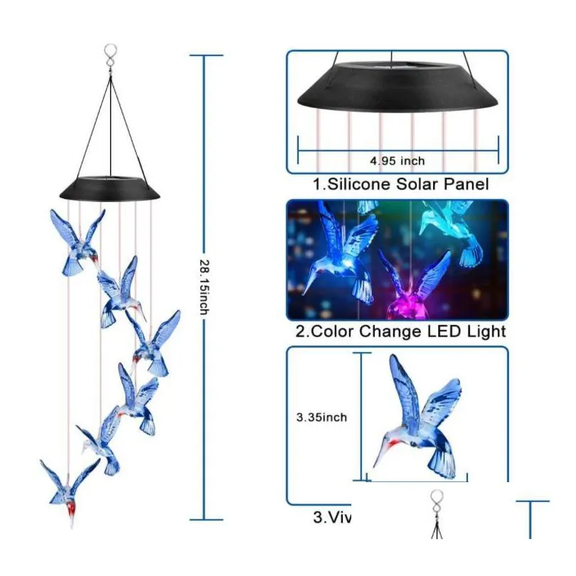 solar hummingbird butterfly wind chimes party decor color changing outdoor waterproof mobile hanging pendant lights for porch patio yard garden