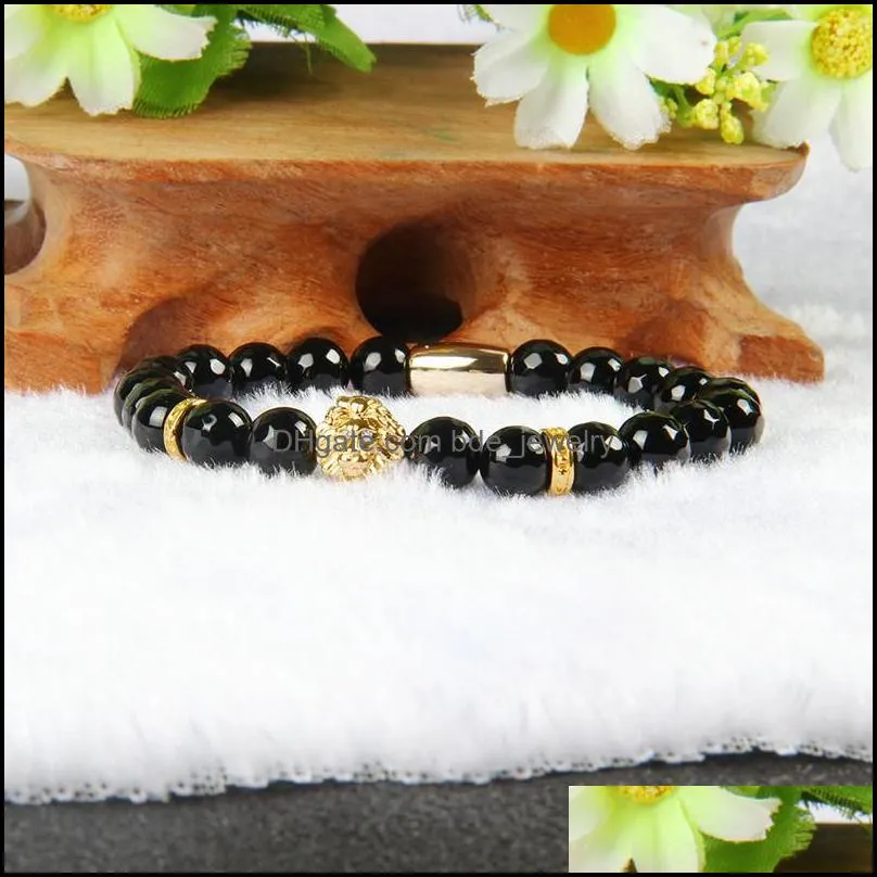 top quality jewelry wholesale 8mm faceted blue and black agate stone beads with pvd plated  head bracelets for men